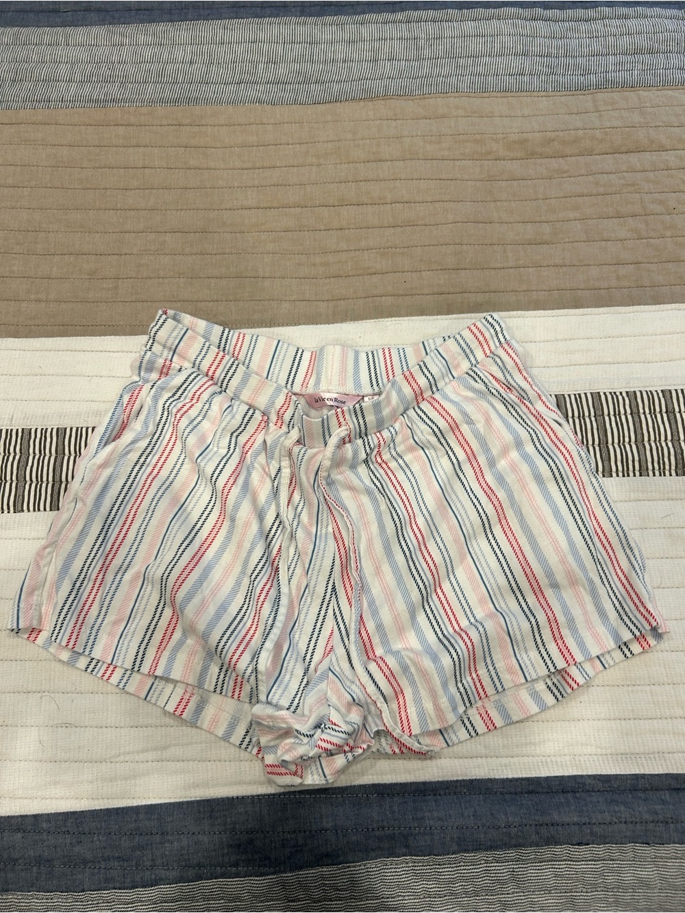 La Vie En Rose White Striped Pj Shorts with Blue and Red Accents